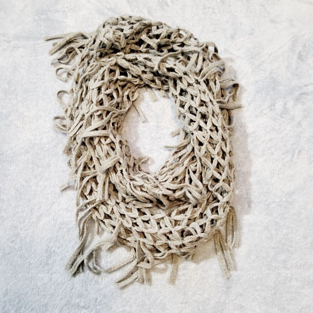 Womens Infinity Scarf Gray Metallic Sparkle Open Crochet Knit Fringe Loop
